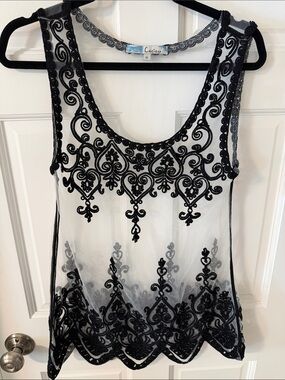 Cacico Whimsigoth Grunge Sheer Mesh Black Embroidered Tunic Tank Top Festival M
